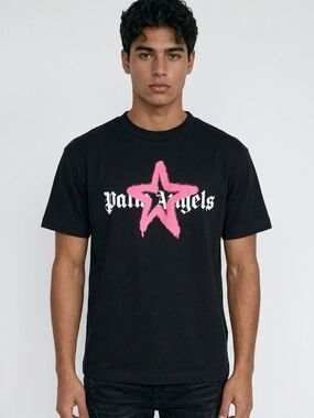 PALM ANGELS | Black Pink Star Logo Graphic Crewneck T-Shirt Men’s Size Large